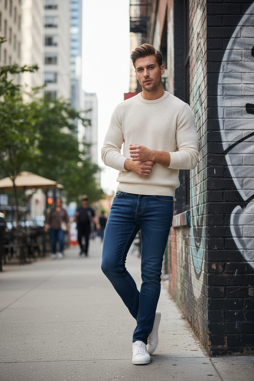 Male model wearing Men's Slim Fit Jeans