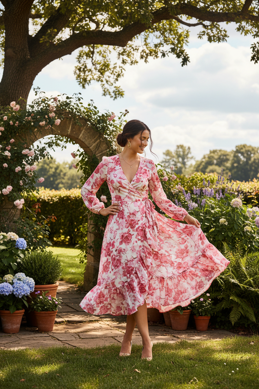 Female model wearing Women's Floral Wrap Dress