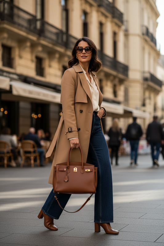 Female model carrying Women's Leather Handbag